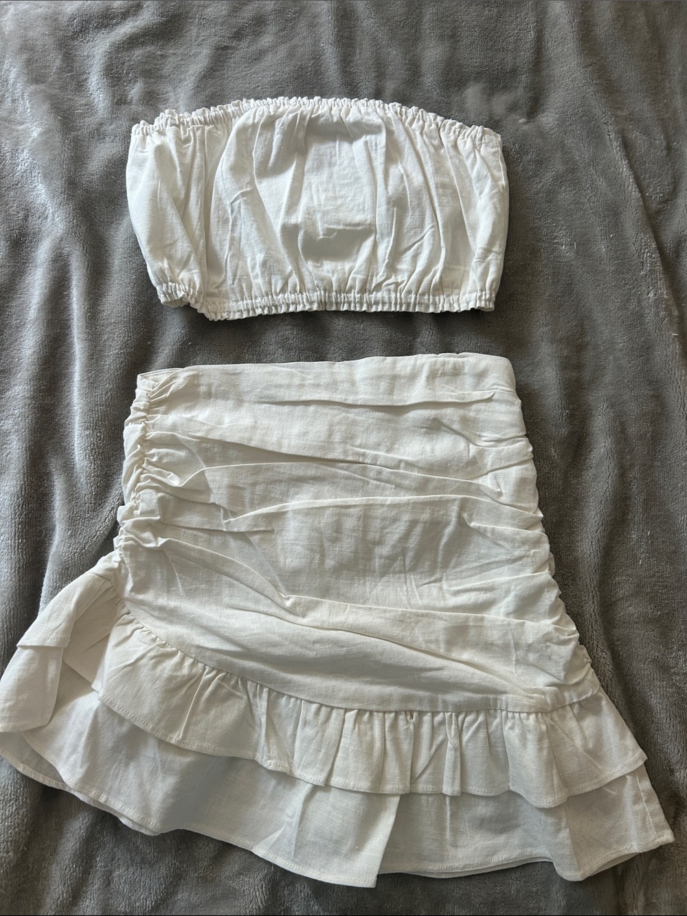 White Ruched Ruffle Mini Skirt Set - Women